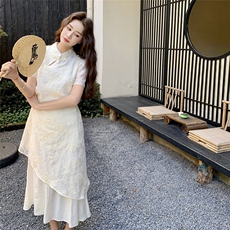 轻国风新中式禅意温柔假两件连衣裙女夏不规则设计感刺绣改良长裙，女装连衣裙，2C129