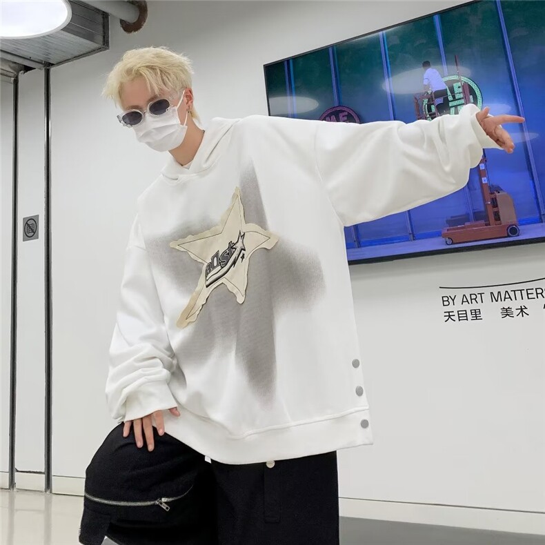 高街星星贴布连帽卫衣男潮牌嘻哈宽松套头帽衫学生外套,女装短外套,星座410-6（原星座1304-1）