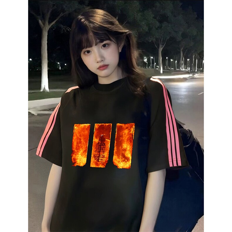 抖音得物品质二开240克宽松纯棉美式潮牌印花三条杠中性风短袖T恤,男装T恤,电商A486
