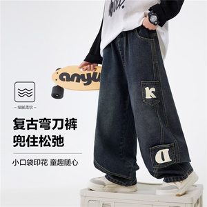 26@美式复古阔腿弯刀宽松刺绣廓形多口袋牛仔长裤K71236-P55网图图片