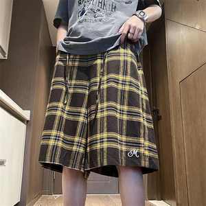 美式复古撞色格子休闲短裤男女款夏季新款宽松百搭直筒七分裤子潮图片