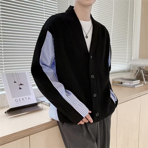 秋季蓝色条纹衬衫设计感毛衣拼接外套男小众韩版休闲上衣潮 A19图片