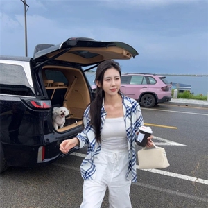 蓝白斜纹格子防晒衬衫女2026年春夏季新款宽松长袖早秋外搭上图片
