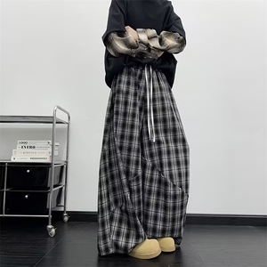 慵懒风格子休闲裤男女2025高腰宽松直筒裤小个子蕾丝抽绳阔腿裤图片