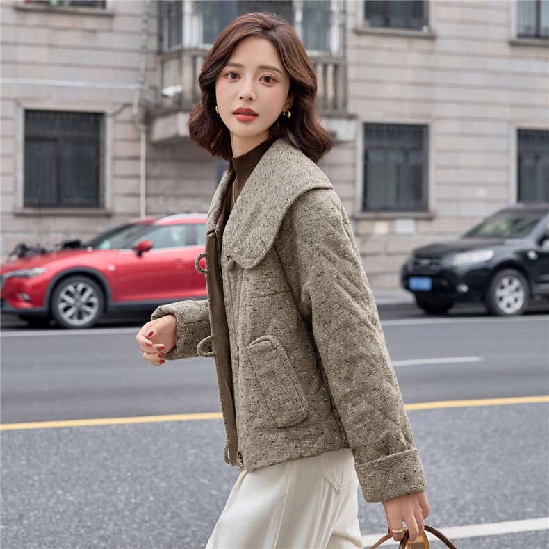 2025秋冬新款时尚大翻领毛呢夹棉外套,女装棉衣/棉服,依路服饰