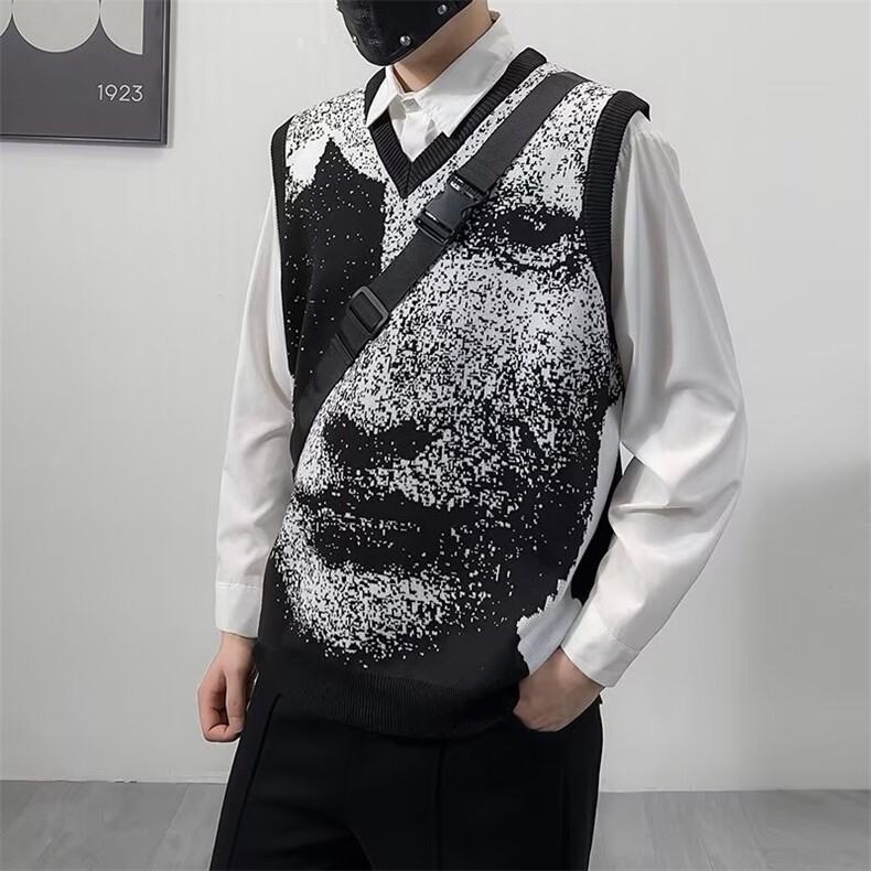 春秋新款灰色拼色毛衣套头马甲男宽松休闲设计感针织衫,男装针织衫/毛衣,星座1013
