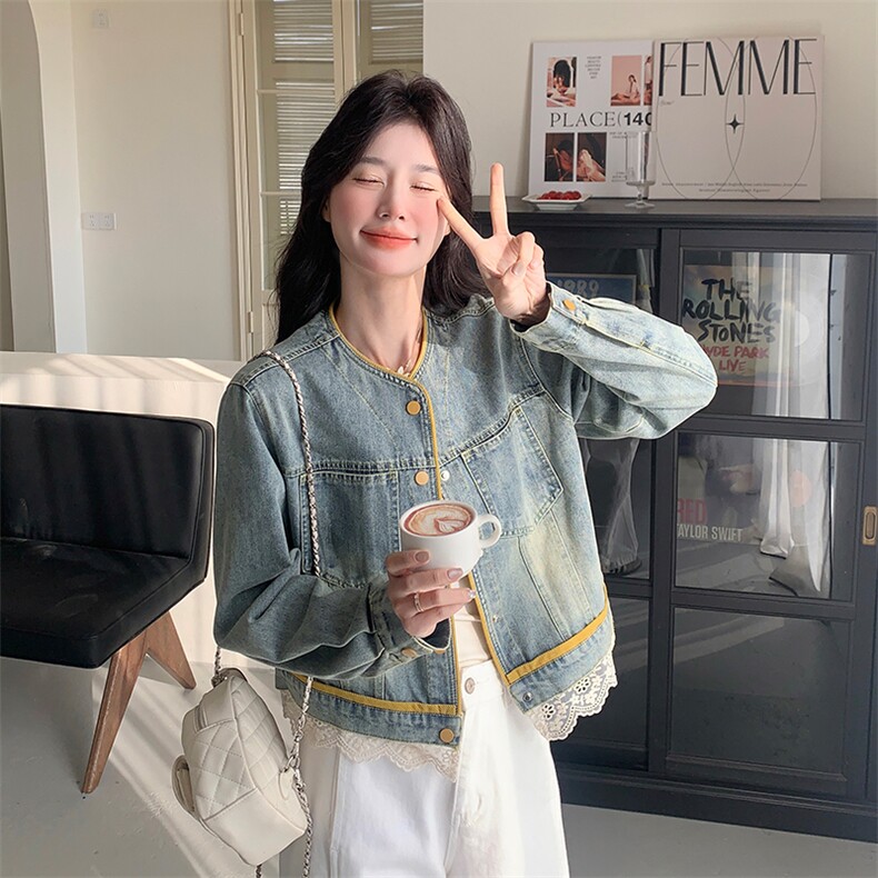 蕾丝拼接圆领牛仔外套女2025春季新款高级感复古时尚小个子夹克潮图片
