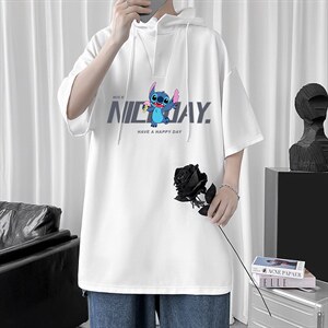 LD54173-P45 连帽短袖t恤男大码胖子带帽五分袖中袖图片