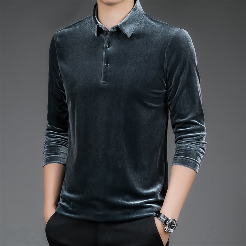 金丝绒polo衫男长袖2024年秋T恤休闲中青年翻领纯色男士上衣男装图片