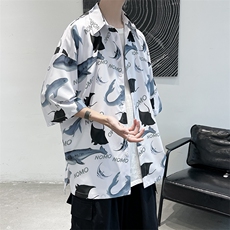夏季鱼满印冰丝短袖衬衫宽松衬衣A071-C20-P35，男装衬衫，电商A071