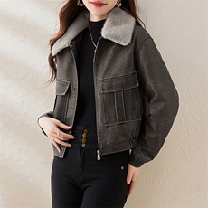 复古加绒皮衣外套女小个子短款2023冬装新款配毛领修身机车服夹克，女装皮衣，江南女神