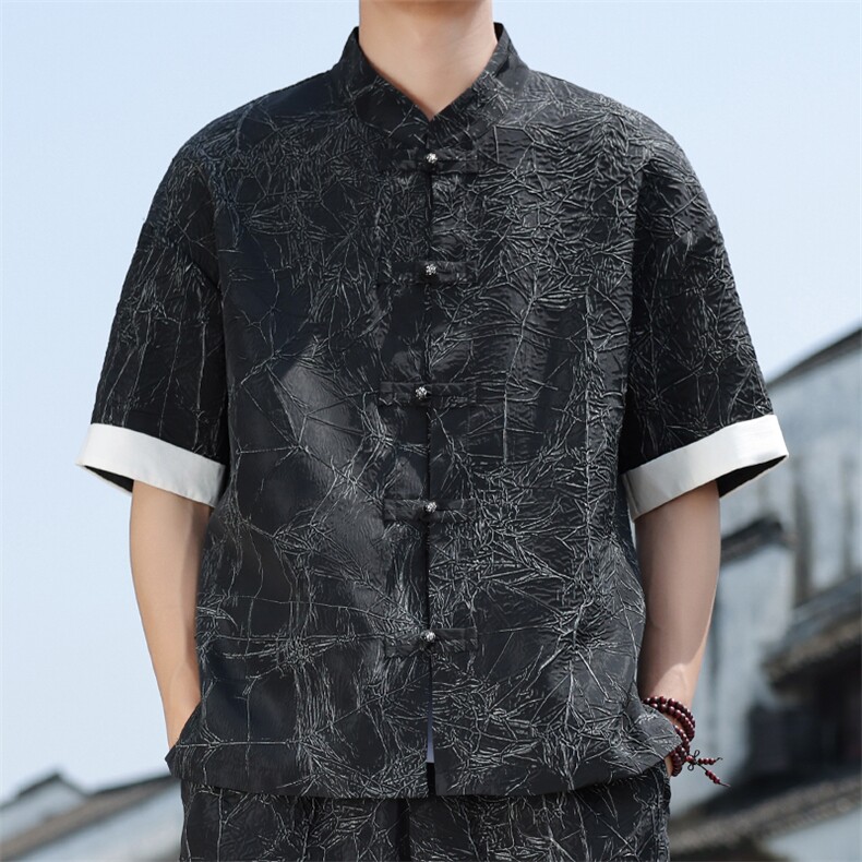 2025夏季新款男装新中式衬衣风金属盘扣拼接短袖衬衫 C98-P60图片