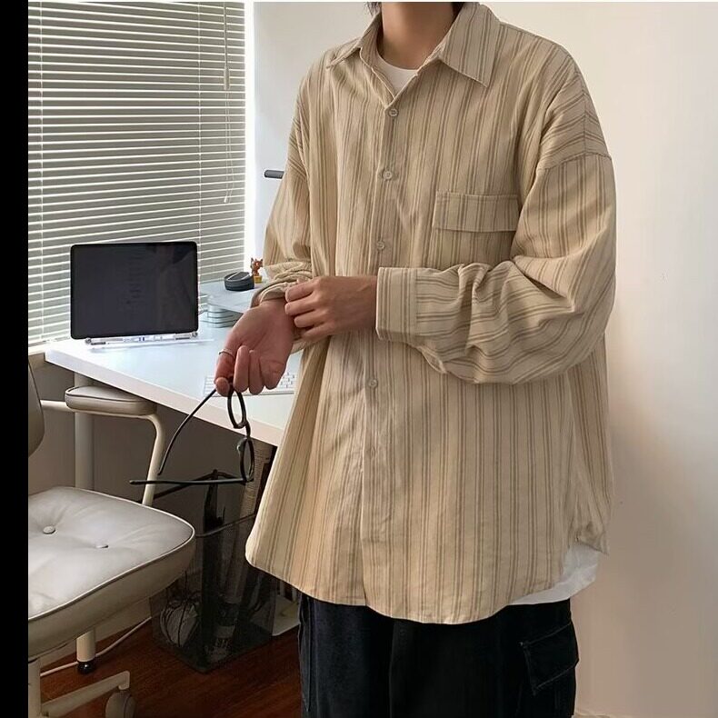 日系复古灯芯绒条纹长袖衬衫男女春秋小清新学院风宽松休闲衬衣潮,男装衬衫,星座506A