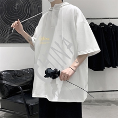 LD54208-P45连帽短袖t恤男大码胖子带帽五分袖中袖大皂风，男装T恤，电商A040
