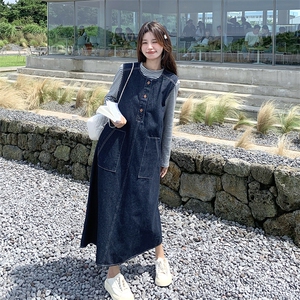 韩版盐系减龄牛仔背心裙套装女2025春秋季新款显瘦条纹上衣两件套图片