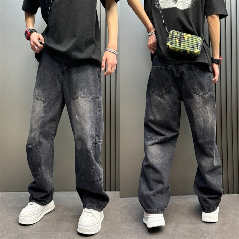 新款男士直筒牛仔裤阔脚宽松老爹裤贴布弯刀工装裤百搭哈伦长裤子，男装牛仔裤，星座506A