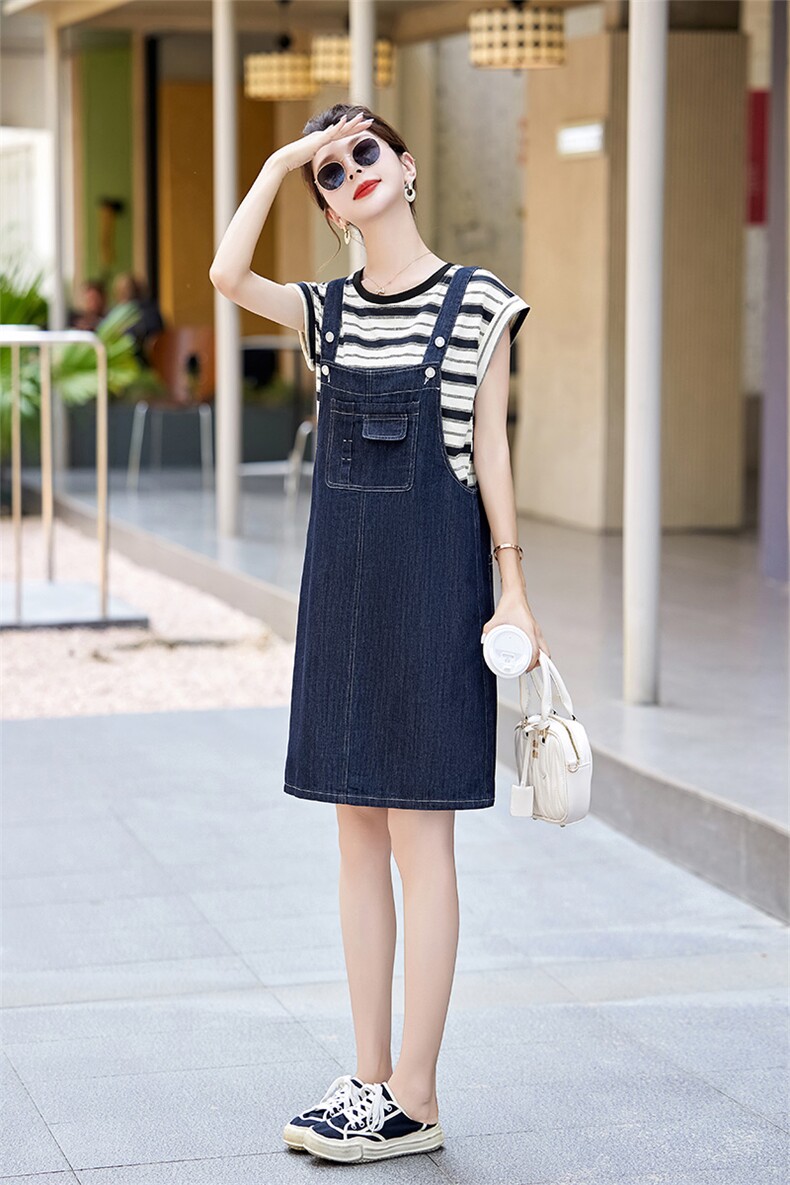 大货已出全棉条纹T恤+牛仔背带裤两件套套裙,女装套装/套裙,辰辰家