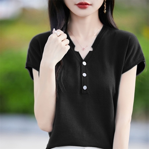 25夏季短袖女纯棉短款宽松V领T恤纯色三扣设计感针织半袖新款上衣