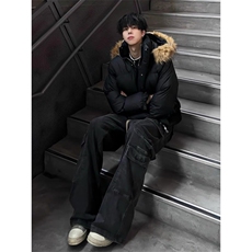 网图秋冬新款休闲百搭连帽毛领PU加厚情侣棉服MY5241TP85，男装棉衣，电商A247