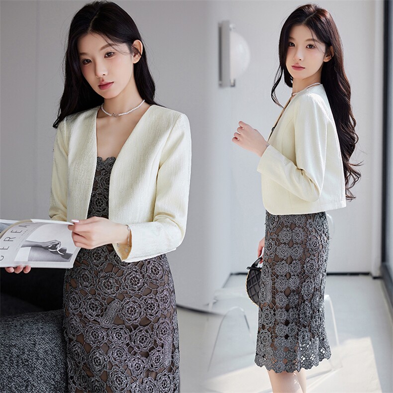 开春外套女短款上衣2025新优雅气质小披肩配裙子外搭开衫提花坎肩，女装短外套，婵米儿