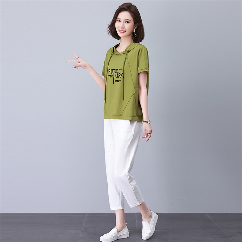 长期现货，2023夏装新款韩版宽松显瘦字母印花连帽休闲套装女大码,女装套装/套裙,涵誉