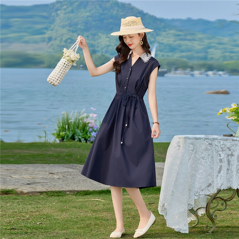 蕾丝领衬衫裙子气质收腰中长款，女装连衣裙，素月