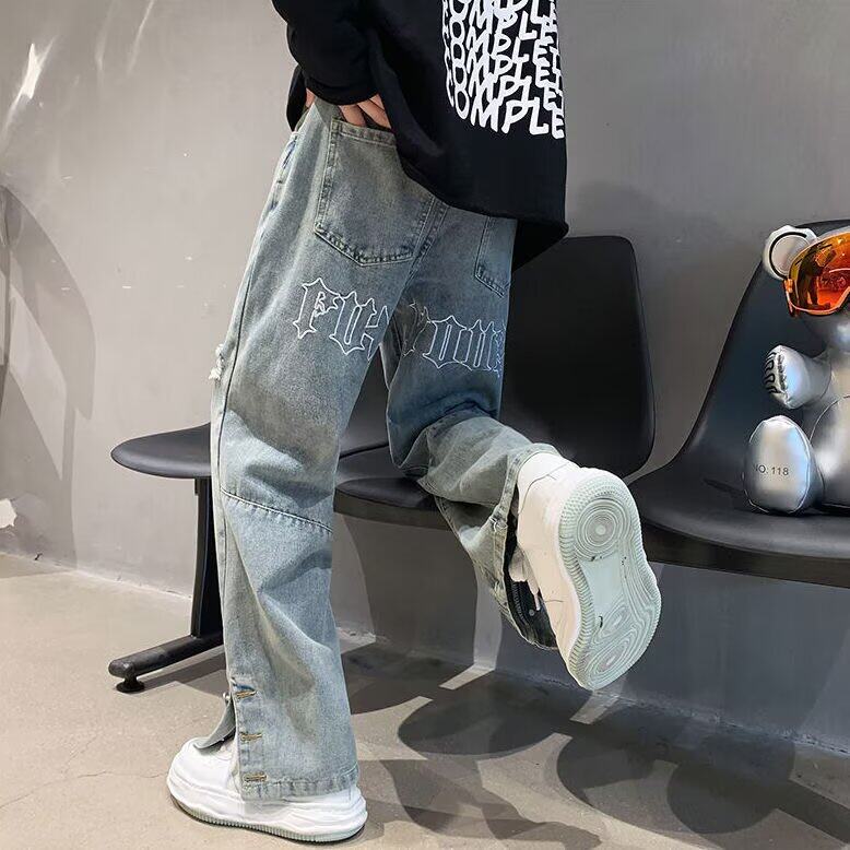 排扣牛仔裤潮牌男装做旧高街直筒宽松夏季薄款hiphop美式破洞裤子,男装牛仔裤,星座506A