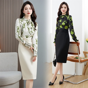 通勤春夏连衣裙长袖中长款印花拼接假两件花边系带领口过膝包臀裙，女装连衣裙，尚娜萱