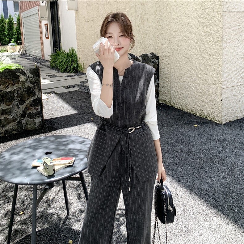 灰色条纹西装马甲套装裤2025新款女秋老钱风好韩系chic别致三件套,女装套装/套裙,2C262
