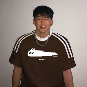 夏季美式高街重磅纯棉三条杠织带撞色男女短袖T恤ZD578-特P30图片