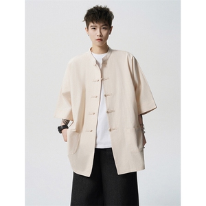 8XL-M 新中式衬衫男中山装麻棉风复古中袖衬衣唐装CS527P60图片