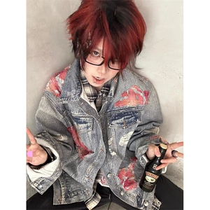 蕾丝火焰垫肩牛仔外套男女痞帅棒球服水洗复古工装夹克 J35图片
