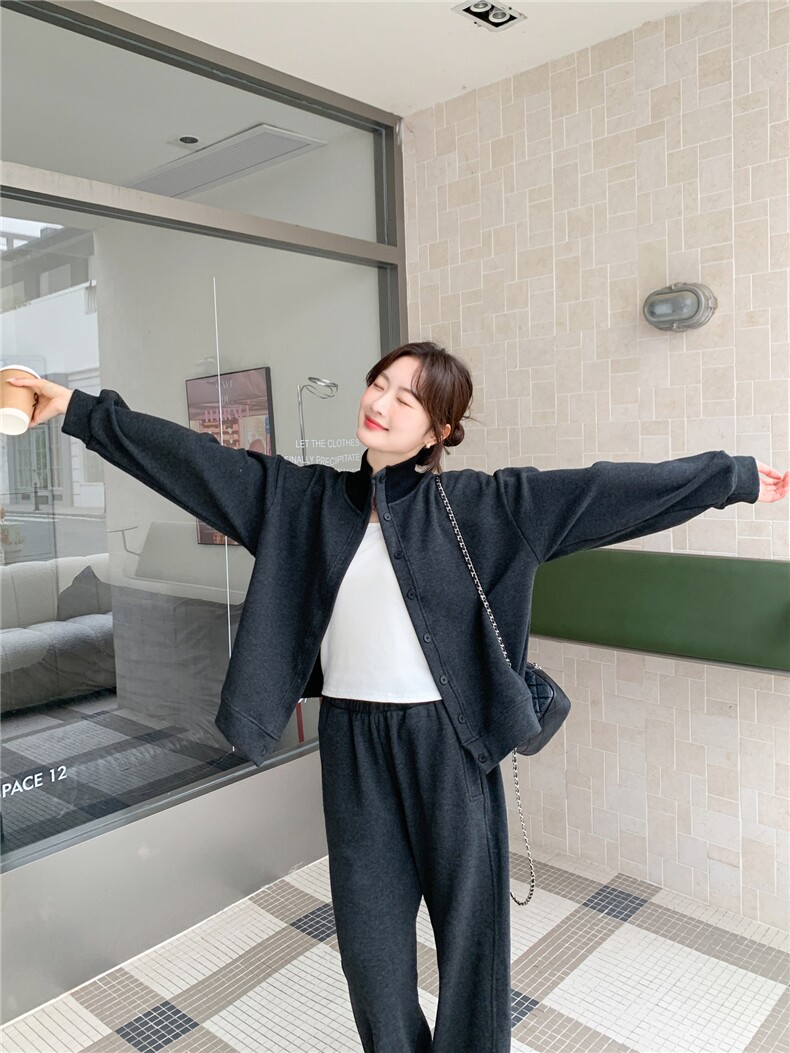 灰色松弛感加绒加厚立领卫衣两件套女2025冬季新款学院风显瘦卫裤,女装套装/套裙,艾米莉亚
