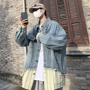 港风复古秋季假两件拼接牛仔外套男宽松慵懒风夹克上衣J8619-P65图片