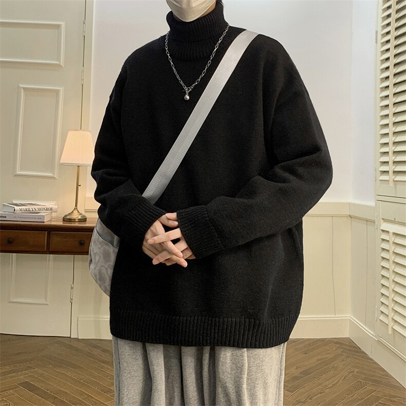 黑色高领毛衣男秋冬季加绒新款美式休闲打底针织衫纯色百搭线衣服，男装T恤，电商A367