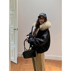 现货重磅boxy短款棉衣座山雕大毛毛领男女棉服水洗工装厚外套，男装棉衣，电商A486
