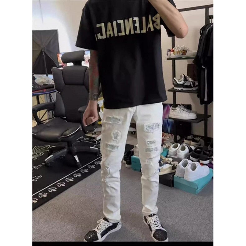 白色牛仔裤男款破洞夏季薄款2025新款休闲裤子男春秋修身小脚弹力,男装牛仔裤,星座506A