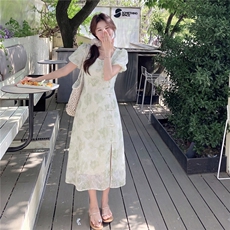 新中式给g风盘扣印花收腰连衣裙，女装连衣裙，采品优优