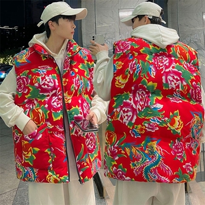 东北花棉袄马甲男加厚冬季无袖棉服小众设计感过年喜庆穿搭棉坎肩图片