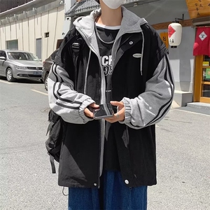 双层假两件拼接连帽外套男ins港风炸街痞帅宽松工装夹克W4537-P58图片