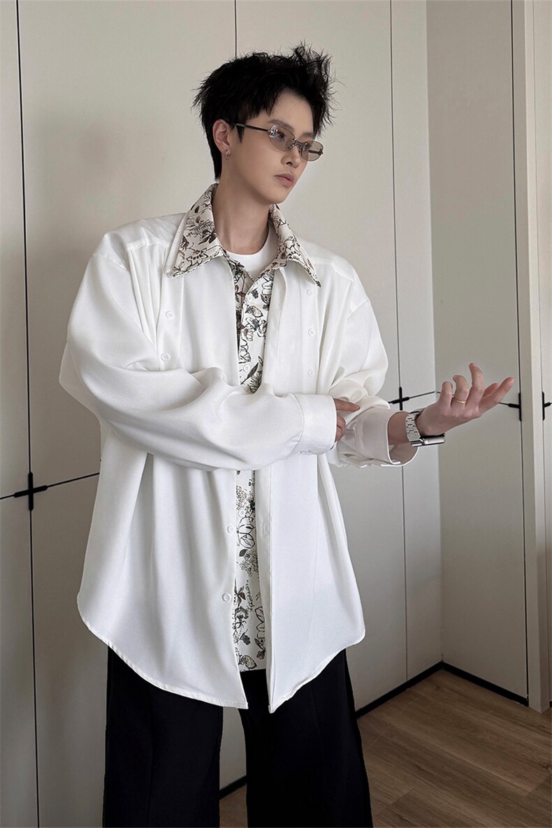 潮流休闲花卉印花领翻领假两件休闲长袖衬衫上衣男潮特P52,男装衬衫,电商B319