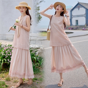 粉色温柔甜美减龄初恋无袖长裙新款初恋显瘦气质假两件连衣裙女夏，女装连衣裙，难舍钰依