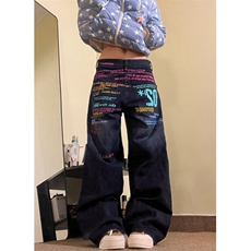 彩色字母标语阔腿牛仔裤女秋冬宽松休闲直筒拖地长裤NZ9048，男装牛仔裤，星座1116A（原606A-3）