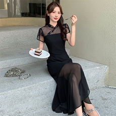 蕾丝拼接网纱连衣裙女夏季新款气质女人味中长款裙子中国2025，女装连衣裙，玖莱伊