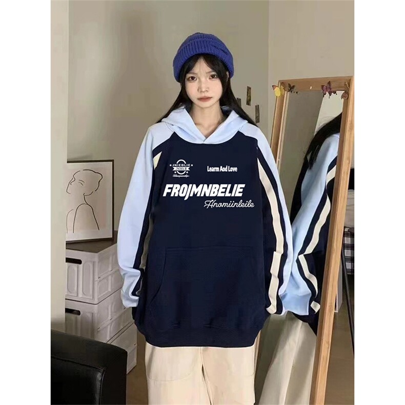抖音得物秋装美式重磅全棉拼接撞色连帽卫印花衣外套A3206,女装短外套,电商A443