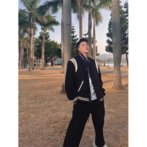 棒球服外套男秋冬季美式潮牌高级感宽松毛呢飞行员夹克WLM77-P50,小狗秋冬穿衣搭配图片