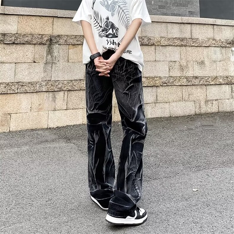 新款高街美式裤子欧美复古黑色扎染牛仔裤Z8816P43,男装牛仔裤,星座1116-2