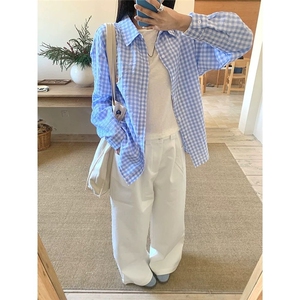韩系休闲格子衬衫外套女春夏季小个子宽松慵懒风防晒外搭长袖衬衣图片