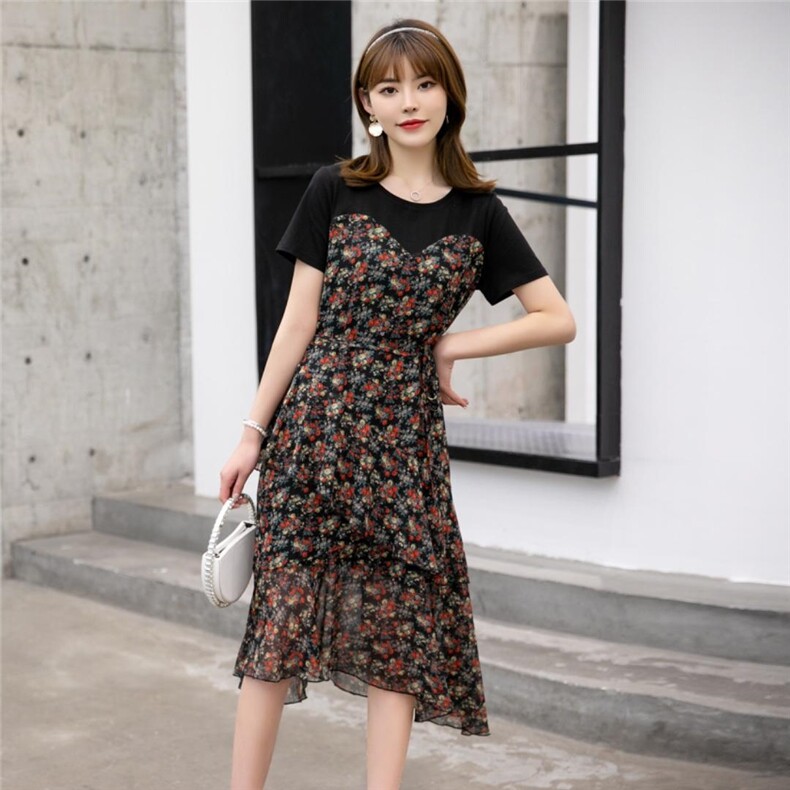 现货供应：针织拼接雪纺连衣裙M一XXL，女装连衣裙，拉思维加丝