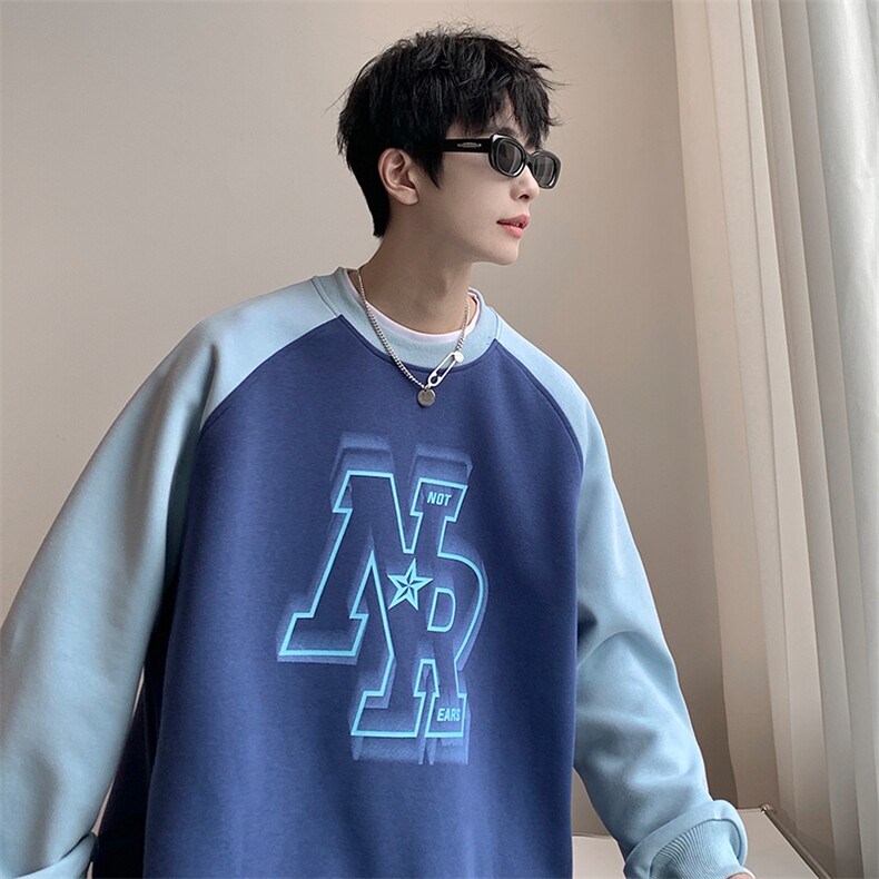 2023春季新款港风宽松撞色插肩美式圆领套头卫衣23097-P38控58,男装卫衣,星座914-3